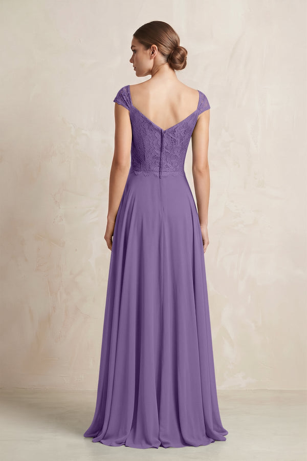 A - Line Chiffon V - Neck Pleated Bridesmaid Dress with Cap Sleeves in Tahiti - KISS BRIDAL Bridesmaid Dresses
