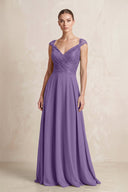 A - Line Chiffon V - Neck Pleated Bridesmaid Dress with Cap Sleeves in Tahiti - KISS BRIDAL Bridesmaid Dresses