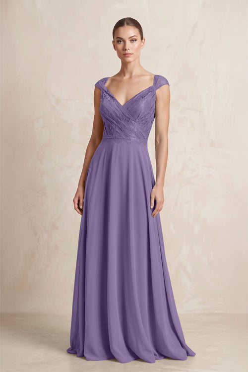 A-Line Chiffon V-Neck Pleated Bridesmaid Dress with Cap Sleeves in Tahiti | KISSBRIDAL