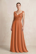 A - Line Chiffon V - Neck Pleated Bridesmaid Dress with Cap Sleeves in Terracotta - KISS BRIDAL Bridesmaid Dresses