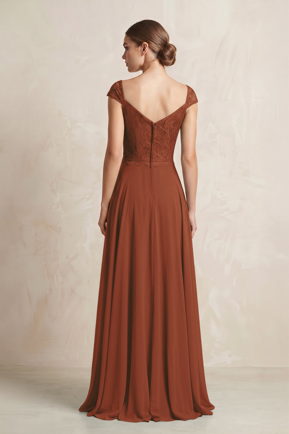 A-Line Chiffon V-Neck Pleated Bridesmaid Dress with Cap Sleeves in Terracotta