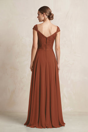 A-Line Chiffon V-Neck Pleated Bridesmaid Dress with Cap Sleeves in Terracotta (2) | KISSBRIDAL
