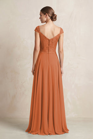 A - Line Chiffon V - Neck Pleated Bridesmaid Dress with Cap Sleeves in Terracotta - KISS BRIDAL Bridesmaid Dresses