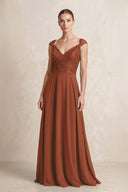 A-Line Chiffon V-Neck Pleated Bridesmaid Dress with Cap Sleeves in Terracotta | KISSBRIDAL