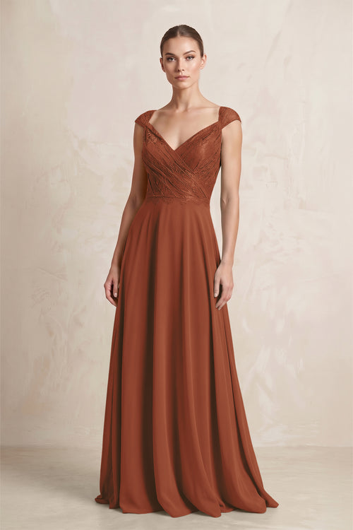 A-Line Chiffon V-Neck Pleated Bridesmaid Dress with Cap Sleeves in Terracotta | KISSBRIDAL