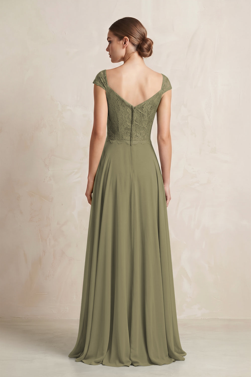A-Line Chiffon V-Neck Pleated Bridesmaid Dress with Cap Sleeves in Thyme