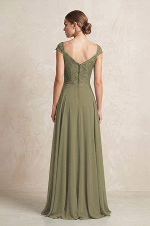 A-Line Chiffon V-Neck Pleated Bridesmaid Dress with Cap Sleeves in Thyme (2) | KISSBRIDAL