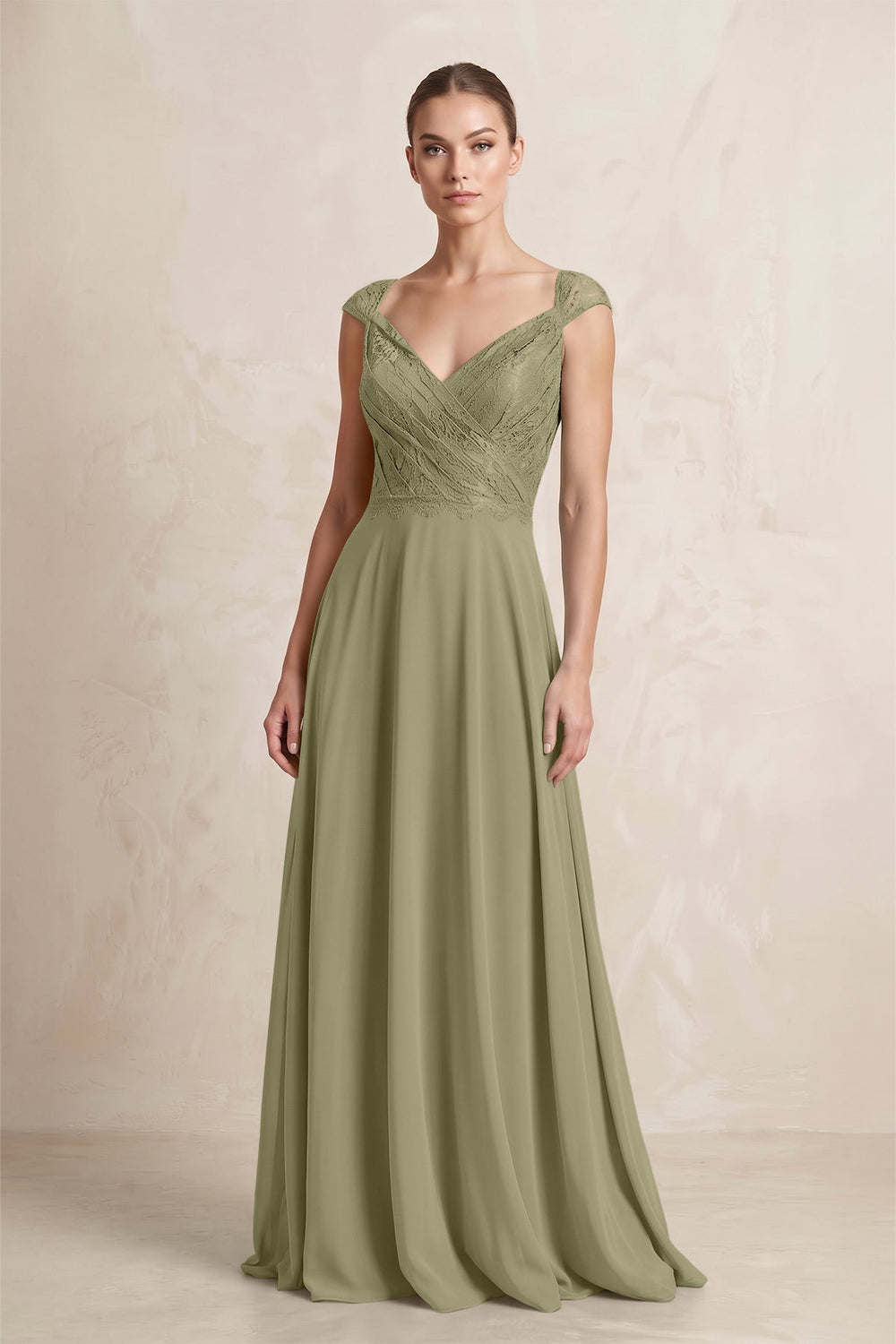A - Line Chiffon V - Neck Pleated Bridesmaid Dress with Cap Sleeves in Thyme - KISS BRIDAL Bridesmaid Dresses