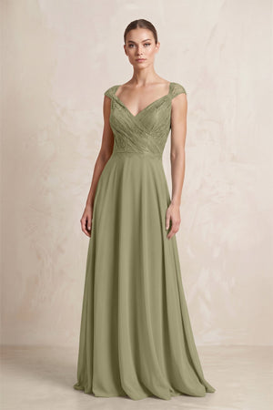 A - Line Chiffon V - Neck Pleated Bridesmaid Dress with Cap Sleeves in Thyme - KISS BRIDAL Bridesmaid Dresses
