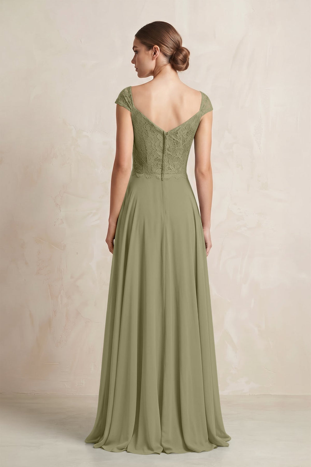 A - Line Chiffon V - Neck Pleated Bridesmaid Dress with Cap Sleeves in Thyme - KISS BRIDAL Bridesmaid Dresses