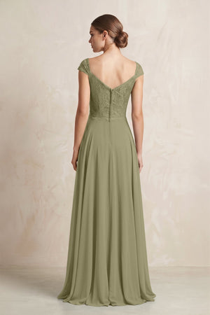 A - Line Chiffon V - Neck Pleated Bridesmaid Dress with Cap Sleeves in Thyme - KISS BRIDAL Bridesmaid Dresses