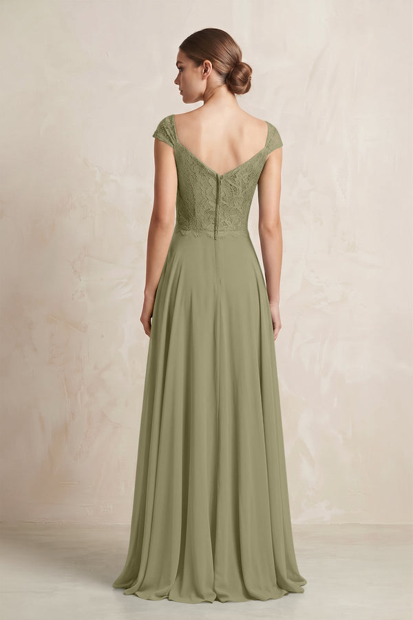 A - Line Chiffon V - Neck Pleated Bridesmaid Dress with Cap Sleeves in Thyme - KISS BRIDAL Bridesmaid Dresses