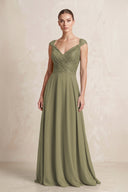 A-Line Chiffon V-Neck Pleated Bridesmaid Dress with Cap Sleeves in Thyme | KISSBRIDAL