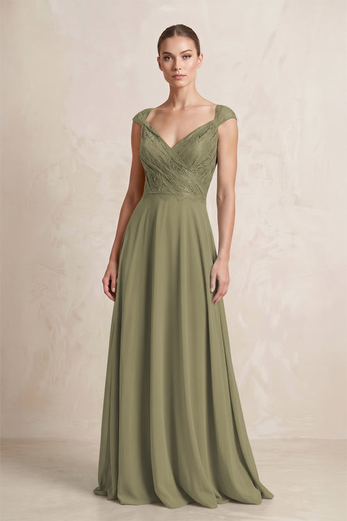 A-Line Chiffon V-Neck Pleated Bridesmaid Dress with Cap Sleeves in Thyme | KISSBRIDAL