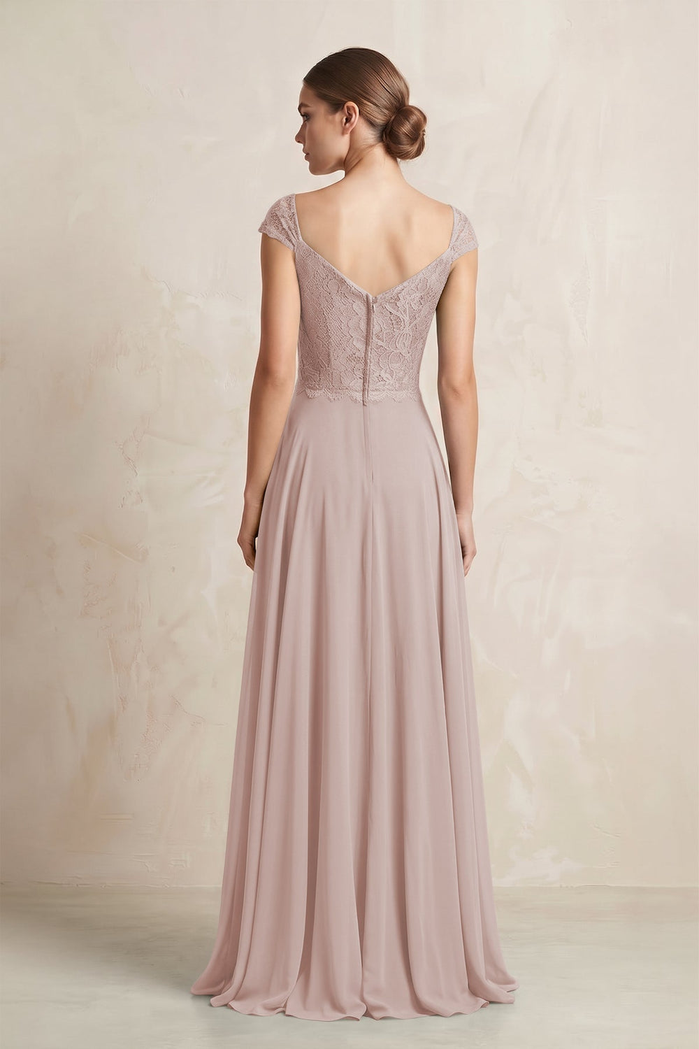 A - Line Chiffon V - Neck Pleated Bridesmaid Dress with Cap Sleeves in Toffee - KISS BRIDAL Bridesmaid Dresses