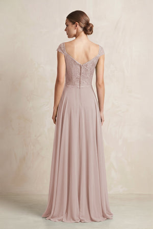 A - Line Chiffon V - Neck Pleated Bridesmaid Dress with Cap Sleeves in Toffee - KISS BRIDAL Bridesmaid Dresses