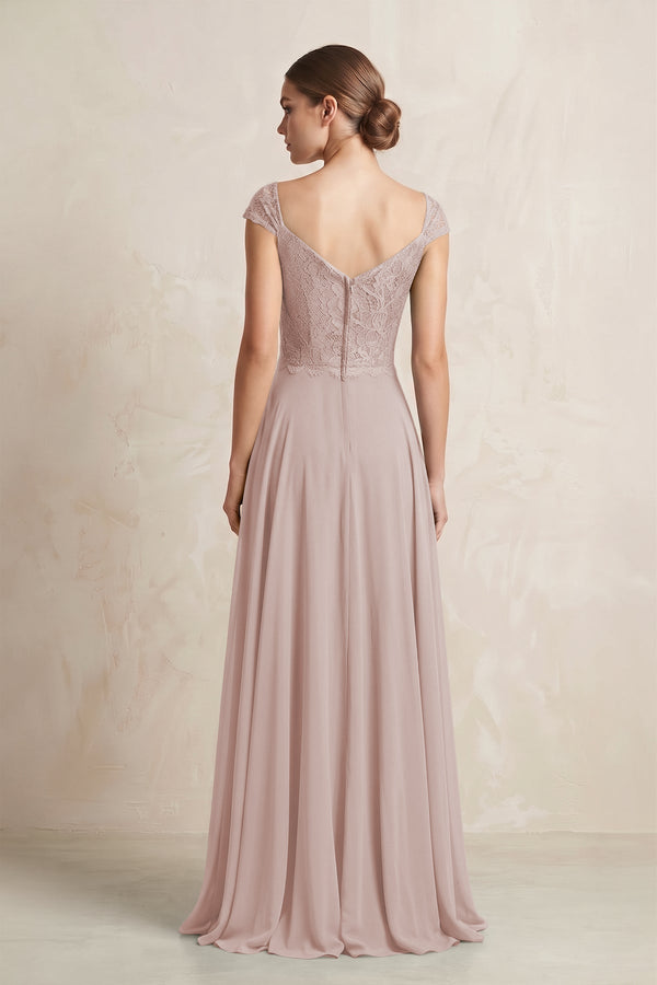 A - Line Chiffon V - Neck Pleated Bridesmaid Dress with Cap Sleeves in Toffee - KISS BRIDAL Bridesmaid Dresses