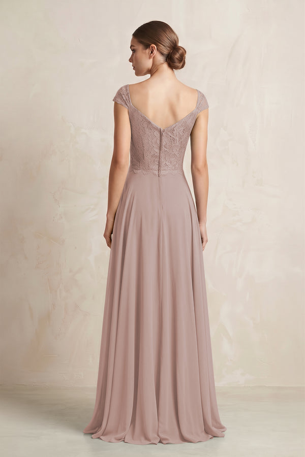 A-Line Chiffon V-Neck Pleated Bridesmaid Dress with Cap Sleeves in Toffee (2) | KISSBRIDAL