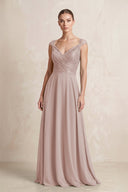 A - Line Chiffon V - Neck Pleated Bridesmaid Dress with Cap Sleeves in Toffee - KISS BRIDAL Bridesmaid Dresses