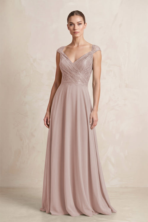 A - Line Chiffon V - Neck Pleated Bridesmaid Dress with Cap Sleeves in Toffee - KISS BRIDAL Bridesmaid Dresses