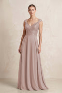 A-Line Chiffon V-Neck Pleated Bridesmaid Dress with Cap Sleeves in Toffee | KISSBRIDAL