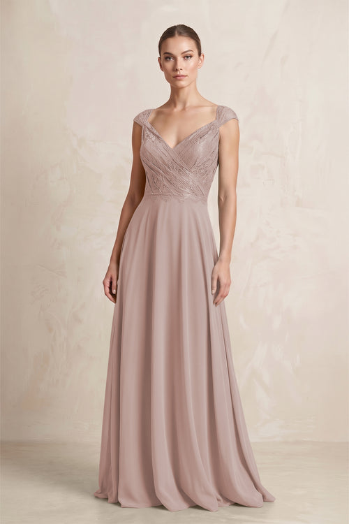 A-Line Chiffon V-Neck Pleated Bridesmaid Dress with Cap Sleeves in Toffee | KISSBRIDAL