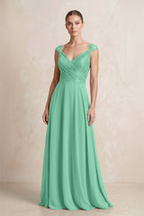 A - Line Chiffon V - Neck Pleated Bridesmaid Dress with Cap Sleeves in Turquoise - KISS BRIDAL Bridesmaid Dresses