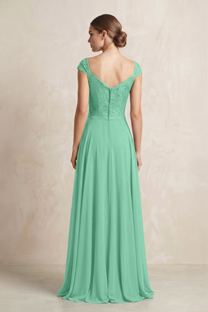 A - Line Chiffon V - Neck Pleated Bridesmaid Dress with Cap Sleeves in Turquoise - KISS BRIDAL Bridesmaid Dresses