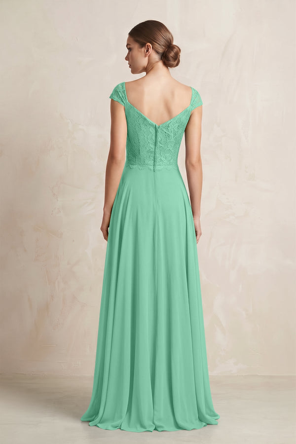 A - Line Chiffon V - Neck Pleated Bridesmaid Dress with Cap Sleeves in Turquoise - KISS BRIDAL Bridesmaid Dresses