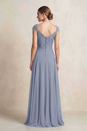 A - Line Chiffon V - Neck Pleated Bridesmaid Dress with Cap Sleeves in Twilight - KISS BRIDAL Bridesmaid Dresses
