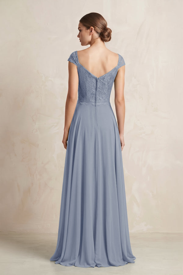 A - Line Chiffon V - Neck Pleated Bridesmaid Dress with Cap Sleeves in Twilight - KISS BRIDAL Bridesmaid Dresses