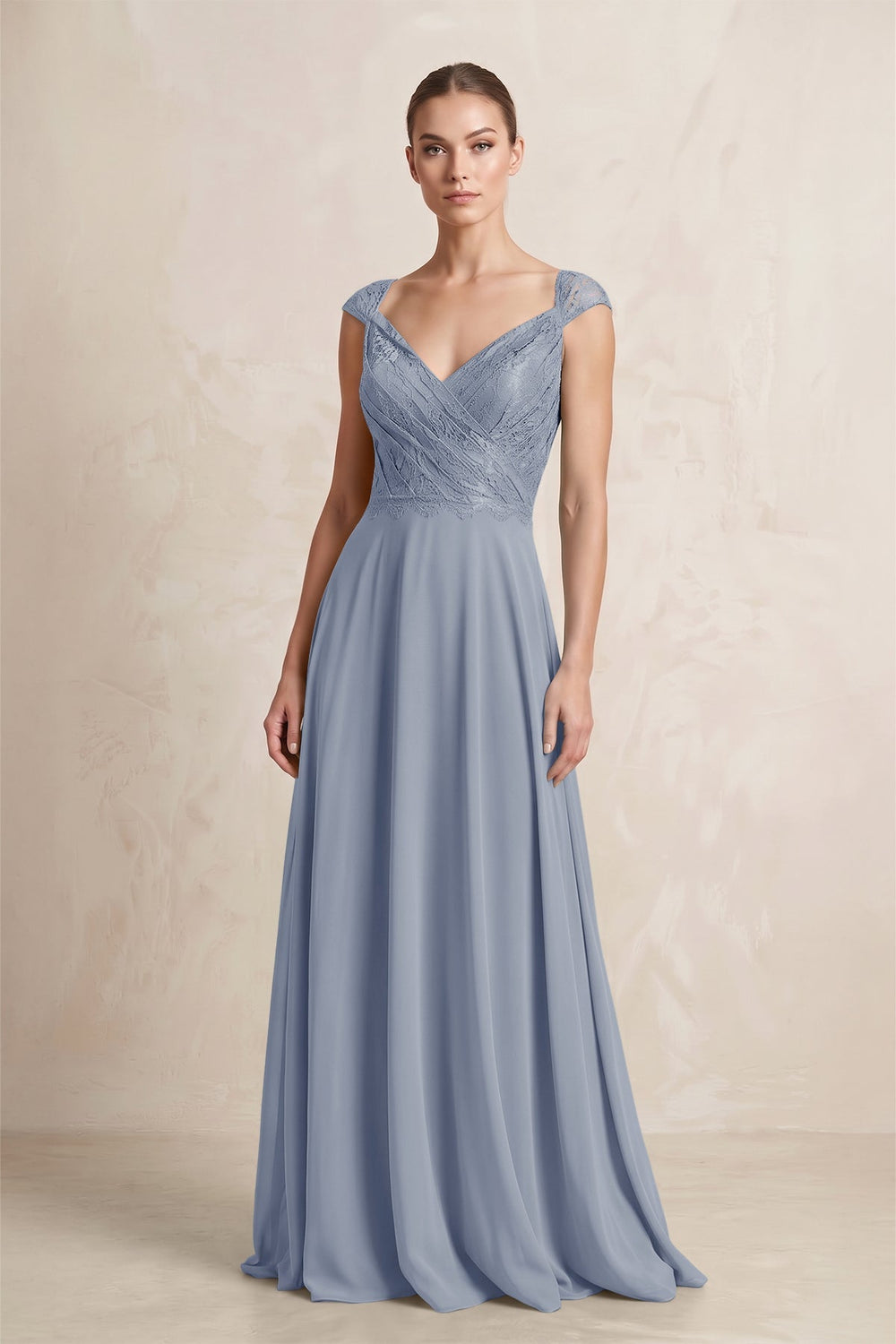 A - Line Chiffon V - Neck Pleated Bridesmaid Dress with Cap Sleeves in Twilight - KISS BRIDAL Bridesmaid Dresses