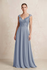 A - Line Chiffon V - Neck Pleated Bridesmaid Dress with Cap Sleeves in Twilight - KISS BRIDAL Bridesmaid Dresses