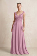 A - Line Chiffon V - Neck Pleated Bridesmaid Dress with Cap Sleeves in Vintage Mauve - KISS BRIDAL Bridesmaid Dresses