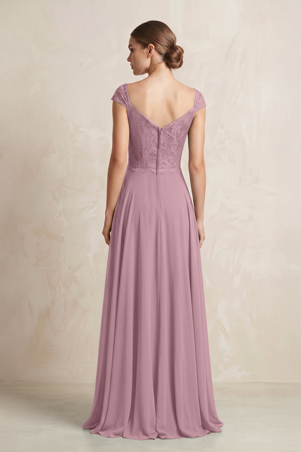 A-Line Chiffon V-Neck Pleated Bridesmaid Dress with Cap Sleeves in Vintage Mauve