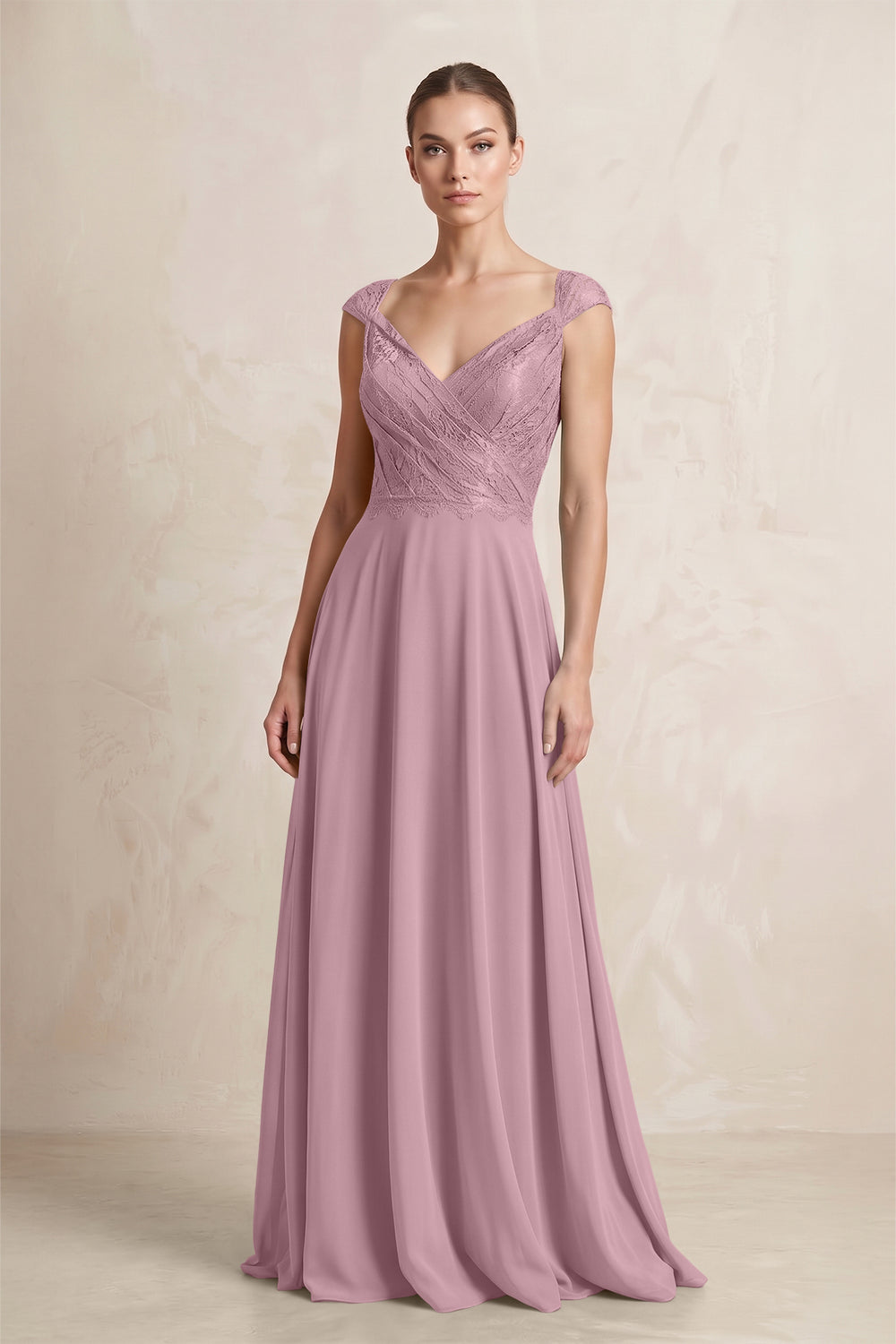 A-Line Chiffon V-Neck Pleated Bridesmaid Dress with Cap Sleeves in Vintage Mauve