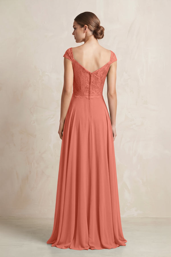 A - Line Chiffon V - Neck Pleated Bridesmaid Dress with Cap Sleeves in Wild Rose - KISS BRIDAL Bridesmaid Dresses
