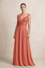 A - Line Chiffon V - Neck Pleated Bridesmaid Dress with Cap Sleeves in Wild Rose - KISS BRIDAL Bridesmaid Dresses