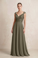 A - Line Chiffon V - Neck Pleated Bridesmaid Dress with Cap Sleeves in Willow Green - KISS BRIDAL Bridesmaid Dresses