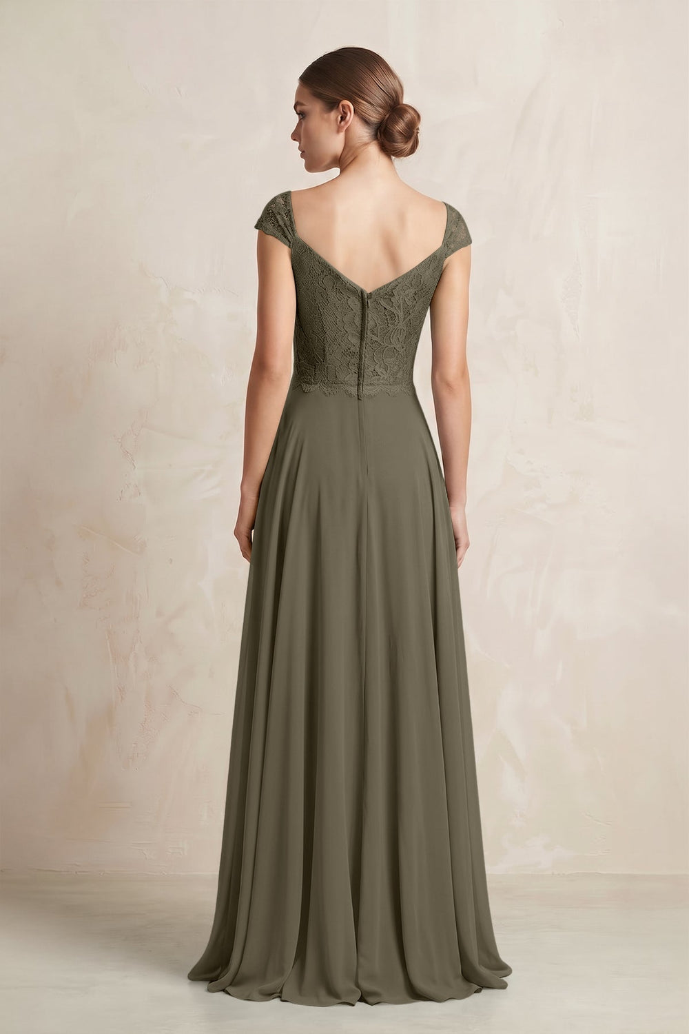 A - Line Chiffon V - Neck Pleated Bridesmaid Dress with Cap Sleeves in Willow Green - KISS BRIDAL Bridesmaid Dresses