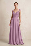A - Line Chiffon V - Neck Pleated Bridesmaid Dress with Cap Sleeves in Wisteria - KISS BRIDAL Bridesmaid Dresses