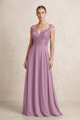 A - Line Chiffon V - Neck Pleated Bridesmaid Dress with Cap Sleeves in Wisteria - KISS BRIDAL Bridesmaid Dresses