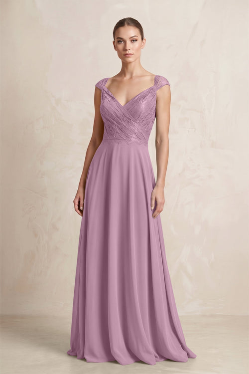 A - Line Chiffon V - Neck Pleated Bridesmaid Dress with Cap Sleeves in Wisteria - KISS BRIDAL Bridesmaid Dresses