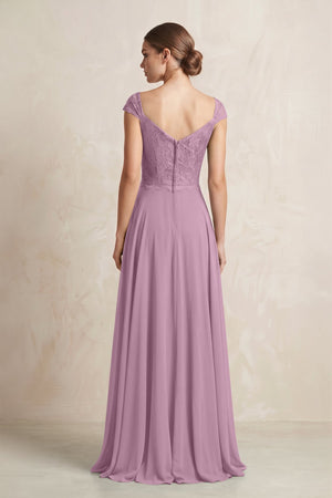 A - Line Chiffon V - Neck Pleated Bridesmaid Dress with Cap Sleeves in Wisteria - KISS BRIDAL Bridesmaid Dresses