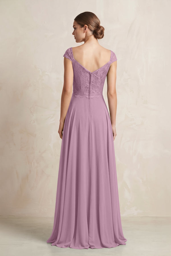 A - Line Chiffon V - Neck Pleated Bridesmaid Dress with Cap Sleeves in Wisteria - KISS BRIDAL Bridesmaid Dresses