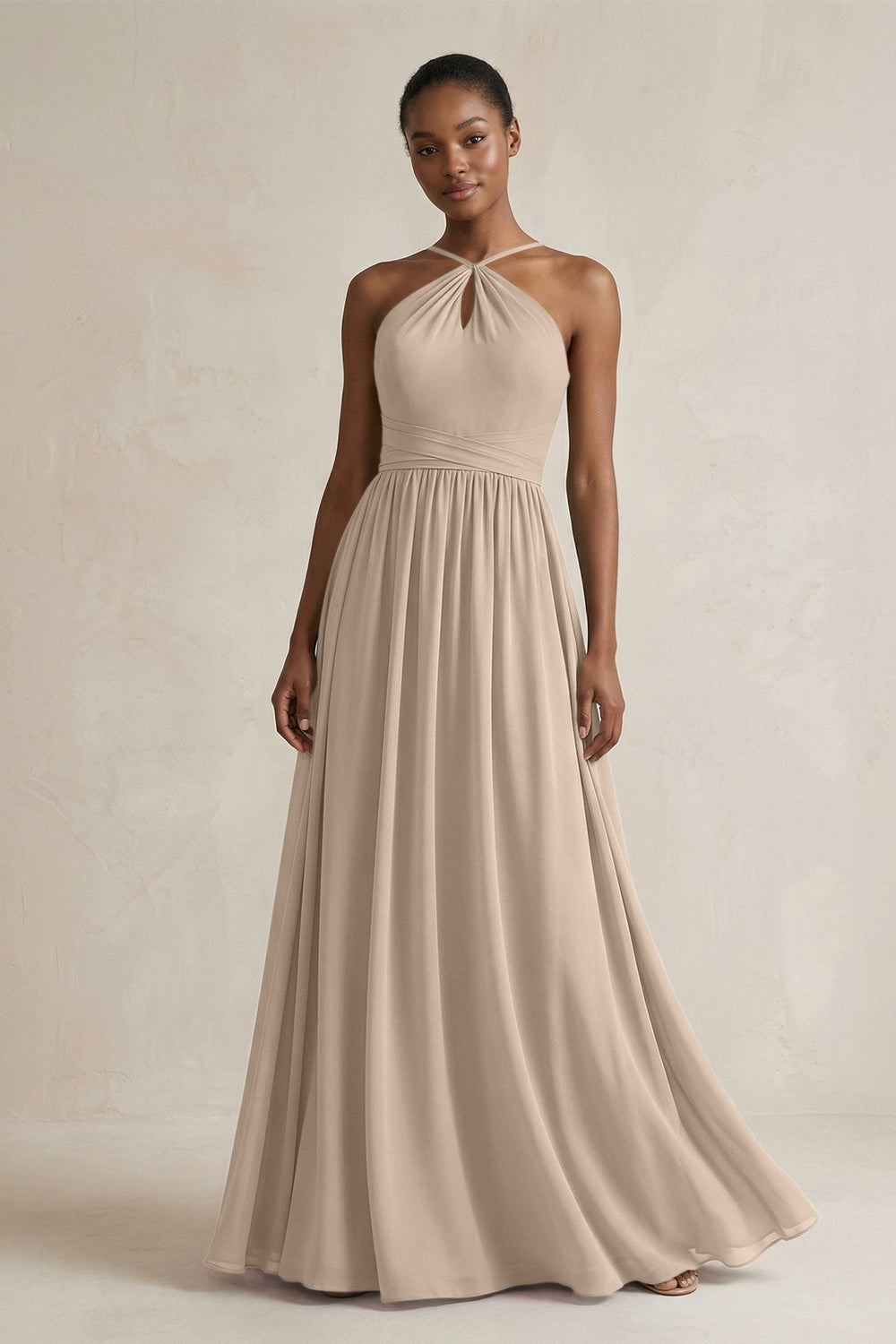 A - Line Halter Chiffon Ruched Bridesmaid Dress in Almond - KISS BRIDAL Bridesmaid Dresses