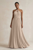 A - Line Halter Chiffon Ruched Bridesmaid Dress in Almond - SHE IS ME Bridesmaid Dresses