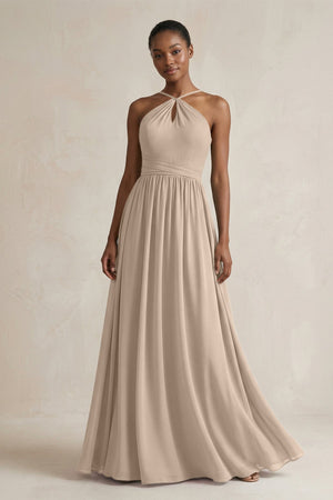 A - Line Halter Chiffon Ruched Bridesmaid Dress in Almond - SHE IS ME Bridesmaid Dresses
