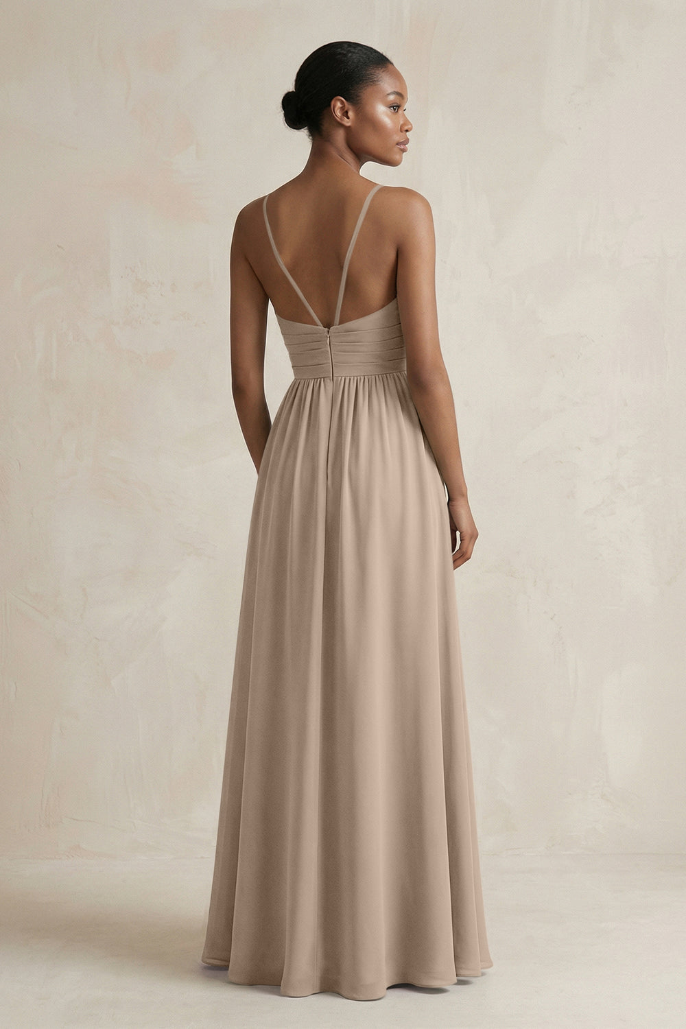 A-Line Halter Chiffon Ruched Bridesmaid Dress in Almond
