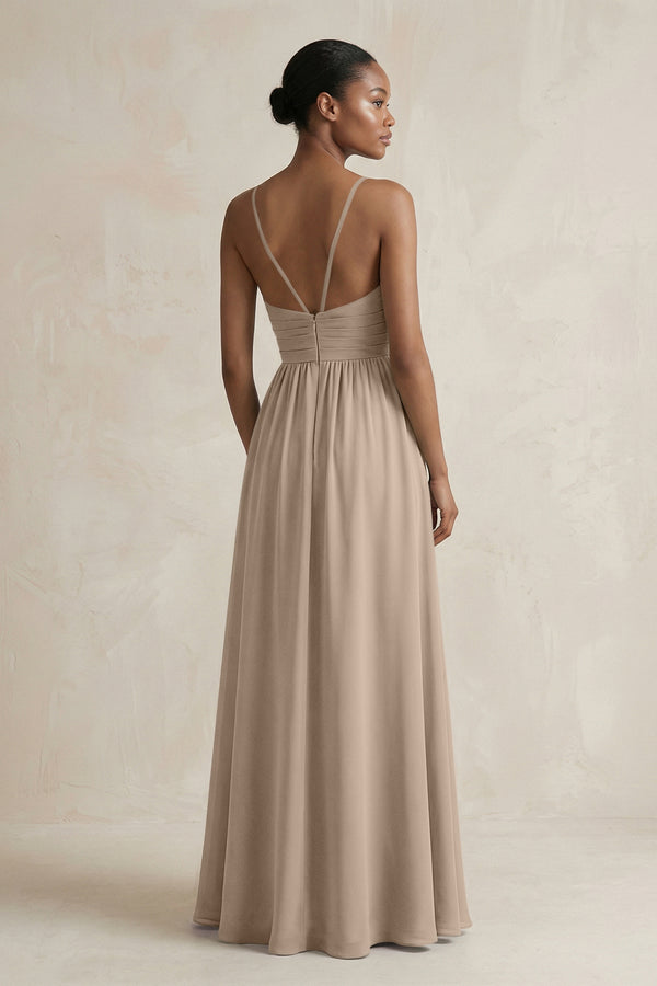 A-Line Halter Chiffon Ruched Bridesmaid Dress in Almond (2) | KISSBRIDAL